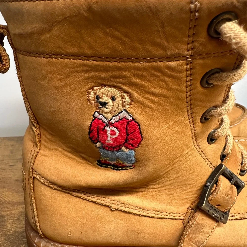 Polo Ralph Lauren Ranger Boots Tan Leather Polo Bear Moc Toe Buckle - Picture 2 of 13